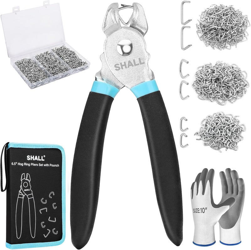 SHALL Hog Ring Pliers Kit with 600pcs Galvanized Hog Rings (3/8’’, 1/2’’, 3/4’’) for Upholstery, Fence, Animal Pet Cages, Bungee Cords, Bagging, Protective Gloves, Storage Case & Bag Included - Image 1